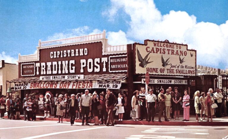 Capistrano Trading Post: Swallows Day Fiesta. Postcard published by Krieg Publishing Co. (ca. 1960s)